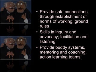 Provide safe connections through establishment of norms of working, ground rules Skills in inquiry and advocacy; facilitation and listening  Provide buddy systems, mentoring and coaching, action learning teams 
