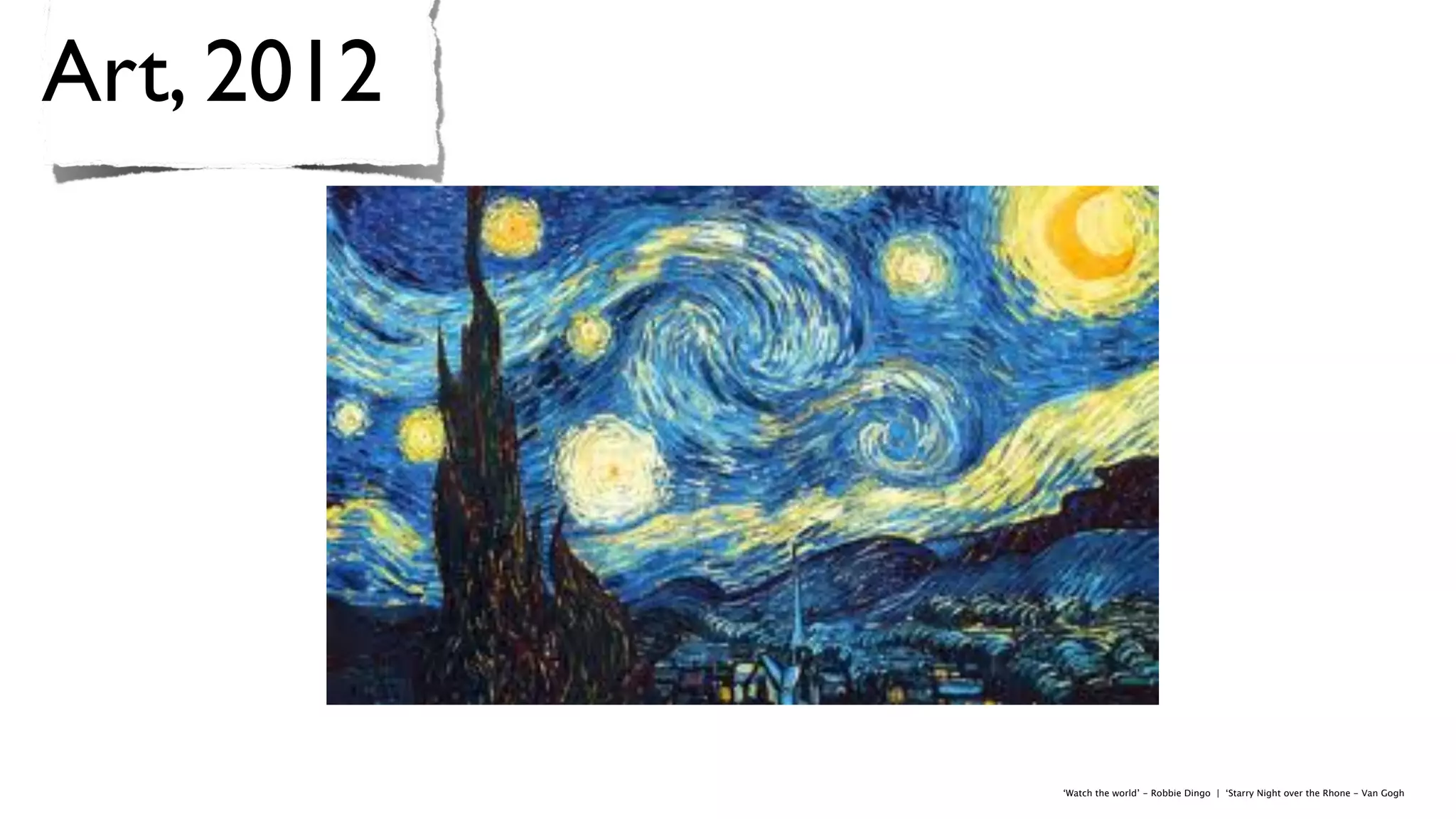 Art, 2012




            ‘Watch the world’ - Robbie Dingo | ‘Starry Night over the Rhone - Van Gogh
 