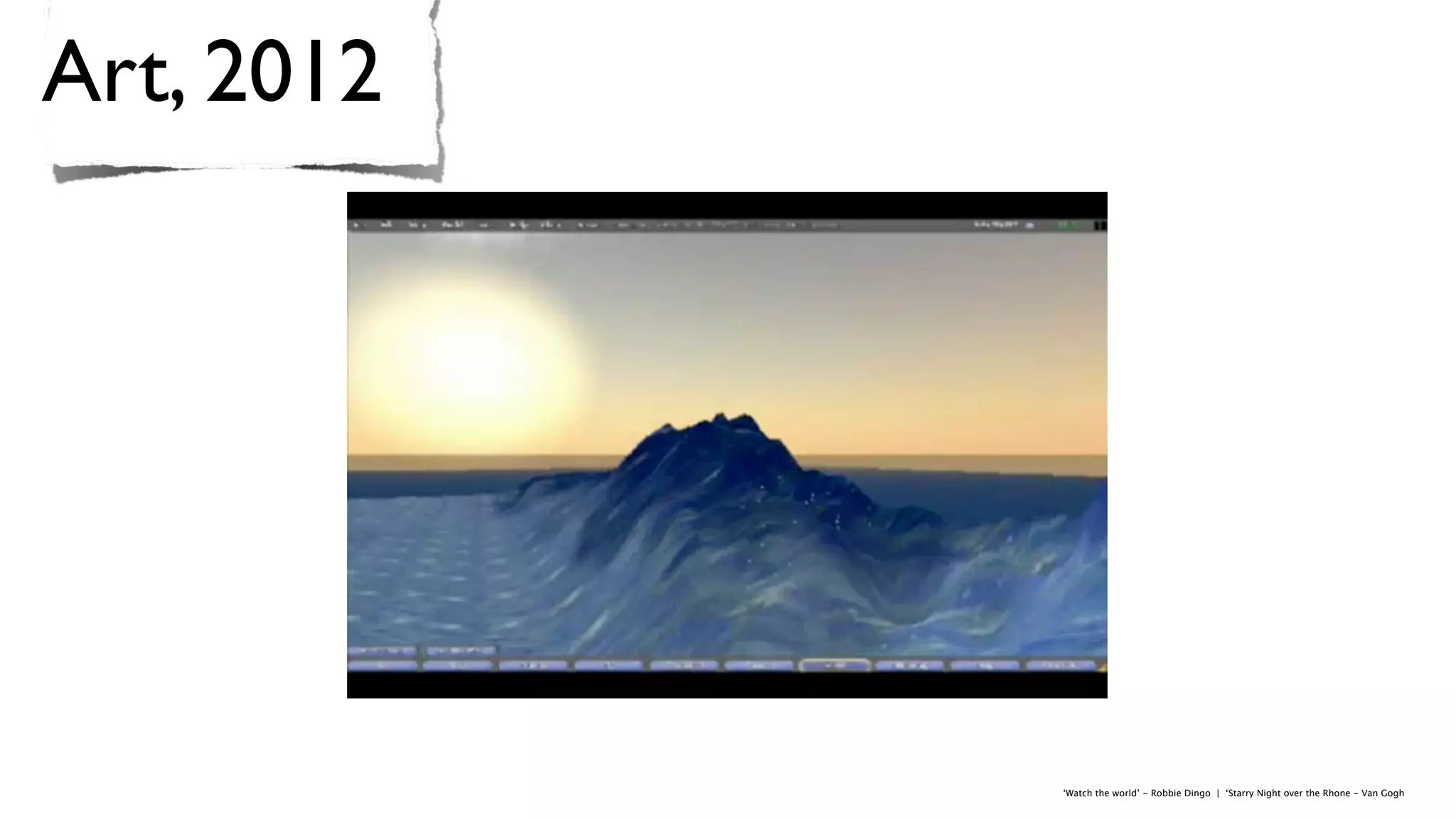 Art, 2012




            ‘Watch the world’ - Robbie Dingo | ‘Starry Night over the Rhone - Van Gogh
 