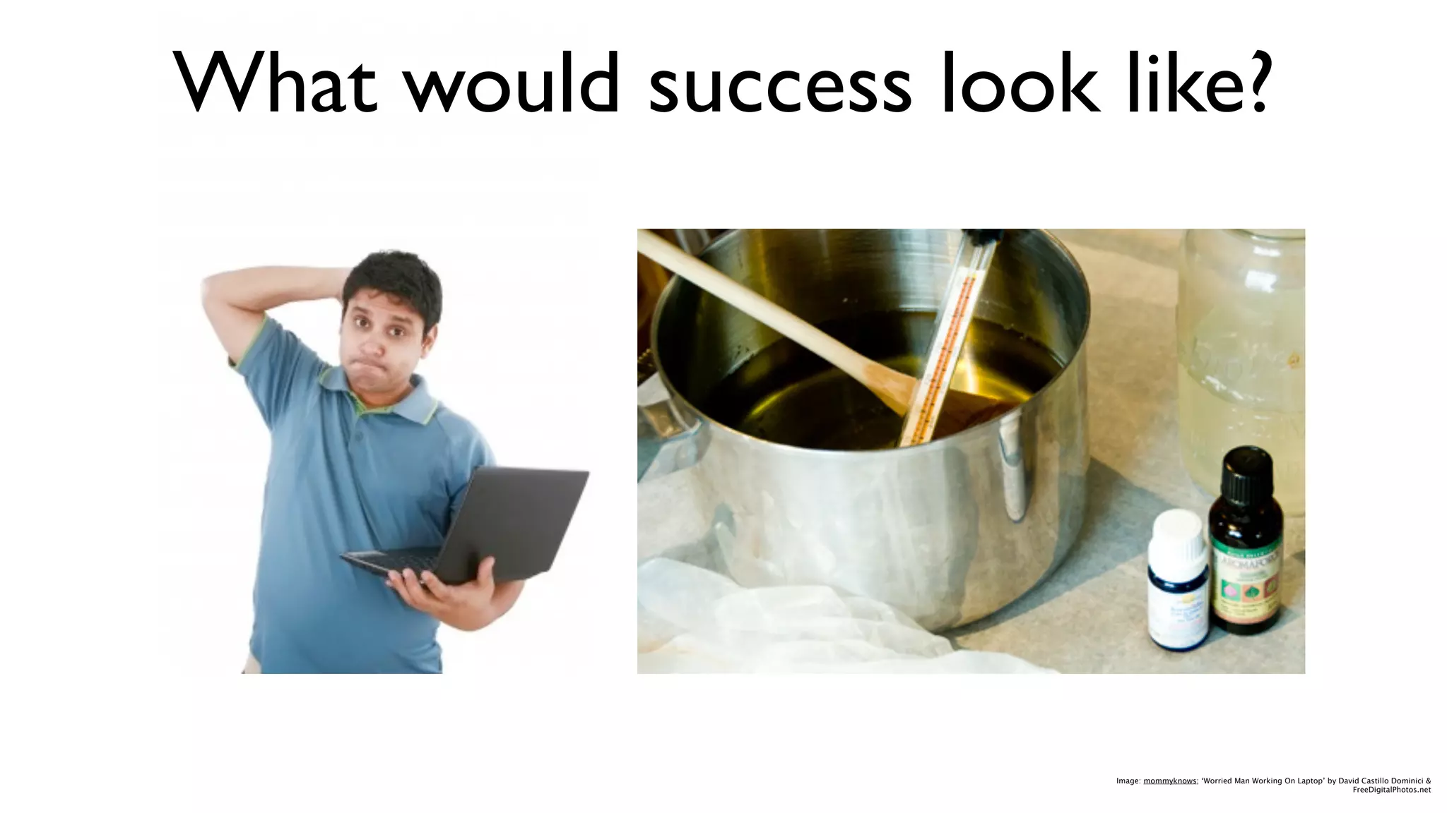 What would success look like?




                        Image: mommyknows; ‘Worried Man Working On Laptop’ by David Castillo Dominici &
                                                                                 FreeDigitalPhotos.net
 
