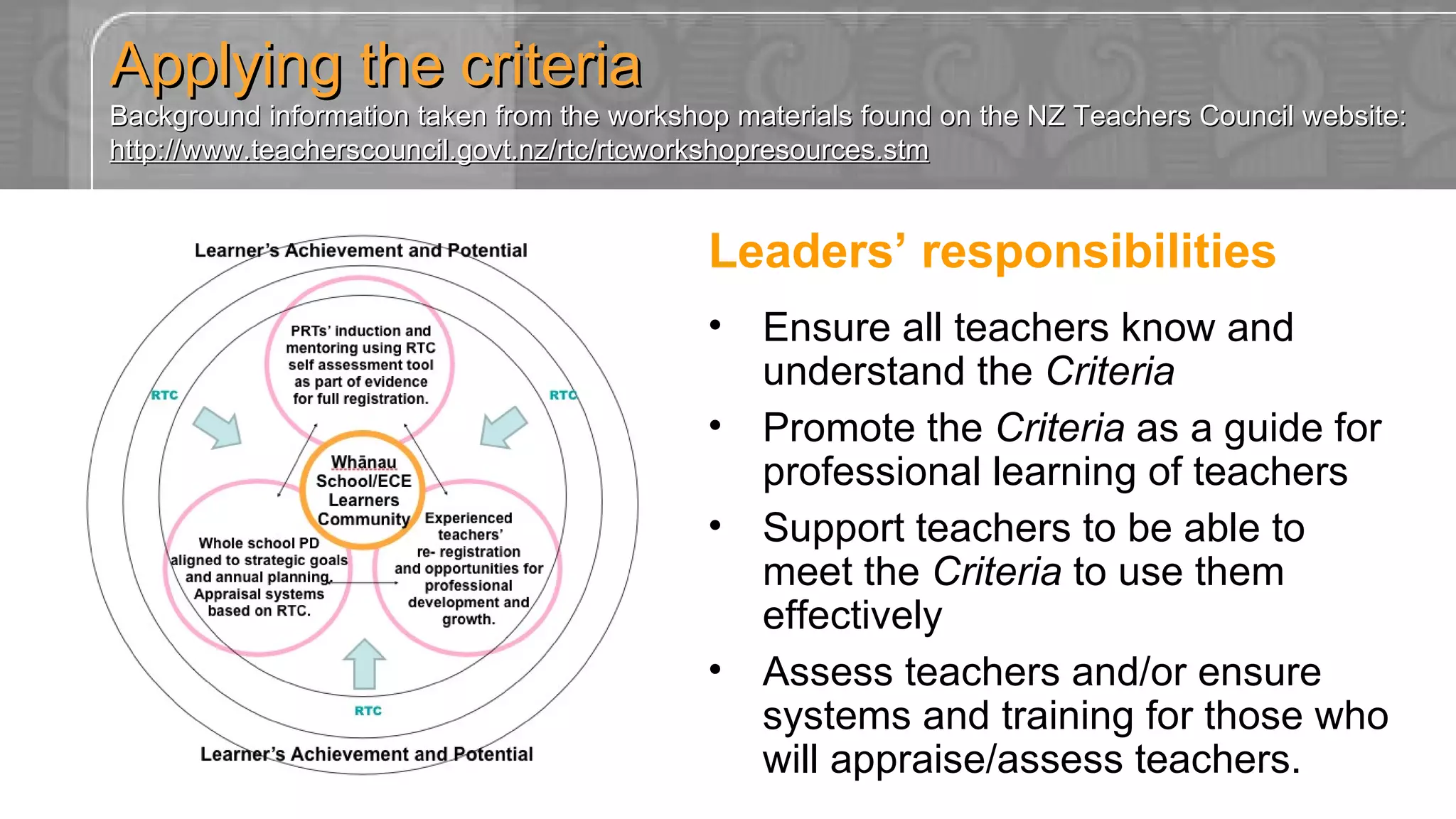 Applying the criteria Background information taken from the workshop materials found on the NZ Teachers Council website: http://www.teacherscouncil.govt.nz/rtc/rtcworkshopresources.stm Leaders’ responsibilities Ensure all teachers know and understand the  Criteria   Promote the  Criteria  as a guide for professional learning of teachers Support teachers to be able to meet the  Criteria  to use them effectively Assess teachers and/or ensure systems and training for those who will appraise/assess teachers. 