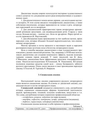 122
Диалектная лексика широко используется мастерами художественного
слова и делается это для решения целого ряда коммуникативных и художест-
венных задач:
1. Для реалистического показа жизни деревни, для воссоздания местно-
го колорита. В этом случае вводятся этнографические диалектизмы, а также
собственно-лексические, которые вкрапляются не только в речь литератур-
ных персонажей, но и в авторскую.
2. Для дополнительной характеристики героев литературных произве-
дений речевыми средствами, для индивидуализации речи: Старуха у меня
квелая, больная ногами, – пояснил дед. Лягва не зря кричит. Перед грозой за-
всегда тревожится (К. Паустовский).
3. Для обогащения языка произведения за счет наиболее метких, ярких
народных слов, которые обладают большей выразительностью, чем синони-
мичные литературные.
Многие прозаики и поэты прошлого и настоящего видят в народном
разговорном языке источник силы и богатства литературного языка.
Цели и способы введения диалектизмов в язык художественного про-
изведения у разных писателей различны. Так, например, в XVIII веке исполь-
зовали диалектизмы для создания комического эффекта, наделяя нелитера-
турными словами героев комедий. У таких писателей, как В. Даль,
С.Максимов, диалектизмы были эффективным средством этнографического
плана. Писатели-шестидесятники Н.Успенский, Ф. Решетников, В.Слепцов
подчиняли языковые средства одной цели – показу бесправного, забитого
русского крестьянина. Очень умело вводили в свои произведения народную
лексику Л.Толстой, И. Тургенев, Н. Некрасов.
3. Специальная лексика
Неотъемлемой частью лексики современного русского литературного
языка является специальная лексика. В отличие от диалектной лексики, спе-
циальная входит в состав литературного языка.
Специальной лексикой называется совокупность слов, употребление
которых ограничено специальными сферами человеческой деятельности:
наукой, производством, техникой, сельским хозяйством, искусством и т.п.
Это слова, употребление которых ограничено профессиональной областью:
– сольфеджио, реприза, либретто (из мира музыки);
– атрофия, эмфизема, катаракта, лимфа, эритроциты (медицина);
– дифтонг, парцелляция, катафора (лингвистика).
Специальная лексика включает в себя термины и профессионализмы.
Таблица 4.
Термины – это слова или СС, упот- Профессионализмы – это полуофици-
 