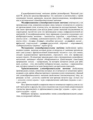 214
Словообразовательные значения крайне разнообразны. Чешский уче-
ный М. До'кулил расклассифицировал эти значения в соответствии с тремя
основными типами деривации, выделив транспозиционные, модификацион-
ные и мутационные словообразовательные значения.
Модификационное словообразовательное значение отмечается у тех
производных слов, семантика которых лишь немного отличается от семанти-
ки производящих слов: отличие есть, но признается несущественным. Значе-
ние таких производных слов всегда равно сумме значений составляющих их
структурных частей (по сути это производные слова с нефразеологичной се-
мантикой). К модификационному типу деривации относятся следующие сло-
вообразовательные значения – «женскость» (акробат – акробатка), «дет-
скость» (кот – котенок), «уменьшительность» (дом – домик), «увеличитель-
ность» (дом – домина, домище), «подобие» (розовый – розоватый, милый –
премилый, современный – ультрасовременный, здоровый – здоровенный),
«собирательность» (тряпка – тряпь-[j-о]).
Мутационное словообразовательное значение свойственно произ-
водным словам, значение которых резко отличается от значения производя-
щих слов (слова с фразеологичной семантикой): писатель «тот, кто пишет,
создает художественные произведения», строитель «тот, кто профессио-
нально строит». В семантике производных слов с мутационным словообразо-
вательным значением обычно обнаруживаются существенные смысловые
приращения: качели – «сооружение, на котором качаются [люди для заба-
вы]», ягодник – «тот, кто [любит собирать] ягоды», ошейник – «приспособле-
ние, которое одевается на шею [животным для крепления поводка]».
Транспозиционное словообразовательное значение свойственно
производным словам, семантика которых не отличается от семантики произ-
водящих слов, кроме общечастеречного значения (узкое понимание). Данный
тип словообразовательного значения свойственен синтаксическому типу де-
ривации: легкий – легкость «свойство или признак легкого» (ср.: легкий слог
– легкость слога), играть – игра «опредмеченное действие» (играть в мяч –
игра в мяч).
Под транспозицией в широком смысле понимается переход слов из од-
ной части речи в другую, без учета (наличия или отсутствия) семантического
тождества производного и производящего слова (ср.: играть – игрок, игра –
игрок и играть – игра).
Обобщим материал, касающийся типов словообразовательной семан-
тики, в следующей таблице:
 