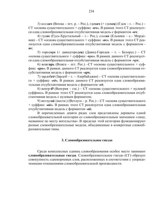 234
3) вохмич (Вохма – пгт, р. – Рос.), гдович (+ гдовец) (Гдов – г. – Рос.) –
СТ «основа существительного + суффикс -ич». В рамках этого СТ реализует-
ся одна словообразовательная отсубстантивная модель с формантом -ич;
4) гусяк (Гусь-Хрустальный – г.– Рос.), ельняк (Ельники – с.– Мордо-
вия) – СТ «основа существительного + суффикс -як». В рамках этого СТ реа-
лизуется одна словообразовательная отсубстантивная модель с формантом -
як;
5) городчук (+ давидгородец) (Давид-Городок – г. – Белорус.) – СТ
«основа существительного + суффикс -чук». В рамках данного СТ реализует-
ся одна словообразовательная отсубстантивная модель с формантом -чук;
6) вожгарь (Вожга – пгт. Рос.) –СТ «основа существительного + суф-
фикс -арь». В рамках данного СТ реализуется одна словообразовательная от-
субстантивная модель с формантом –арь;
7) зардобед (Зардоб – г. – Азербайджан) – СТ «основа существительно-
го + суффикс -ед». В рамках данного СТ реализуется одна словообразова-
тельная отсубстантивная модель с формантом -ед;
8) венгр-Ø (Венгрия – гос.) – СТ «основа существительного + нулевой
суффикс». В рамках этого СТ реализуется одна словообразовательная отсуб-
стантивная модель с нулевым формантом;
9) ветлугай (местн.) (Ветлуга – р. Рос.) – СТ «основа существительного
+ суффикс -ай». В рамках этого СТ реализуется одна словообразовательная
отсубстантивная модель с формантом -ай;
В перечисленных девяти рядах слов представлены дериваты одной
словообразовательной категории со словообразовательным значением «лицо,
названное по месту жительства». В пределах этой категории функционируют
разные словообразовательные модели, объединенные в конкретные словооб-
разовательные типы.
3. Словообразовательное гнездо
Среди комплексных единиц словообразования особое место занимают
словообразовательные гнезда. Словообразовательное гнездо (СГ) образует
совокупность однокорневых слов, расположенных в соответствии с упорядо-
ченными отношениями словообразовательной производности.
 
