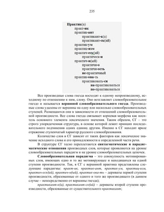235
Все производные слова гнезда восходят к одному непроизводному, ис-
ходному по отношению к ним, слову. Оно возглавляет словообразовательное
гнездо и называется вершиной словообразовательного гнезда. Производ-
ные слова удалены от вершины на одну или несколько словообразовательных
ступеней. Размещаются они в зависимости от отношений словообразователь-
ной производности. Все слова гнезда связывает корневая морфема как носи-
тель основного элемента лексического значения. Таким образом, СГ – это
строго упорядоченная структура, в основе которой лежит принцип последо-
вательного подчинения одних единиц другим. Именно в СГ находит яркое
отражение ступенчатый характер русского словообразования.
Количество слов в СГ зависит от таких факторов как лексическое зна-
чение исходного слова и его принадлежности к определенной части речи.
В структуре СГ тесно переплетаются синтагматические и парадиг-
матические отношения производных слов, которые проявляются на уровне
словообразовательных парадигм и на уровне словообразовательных цепочек.
Словообразовательная парадигма – это совокупность мотивирован-
ных слов, имеющих одно и то же мотивирующее и находящихся на одной
ступени производности. Так, в СГ с вершиной практика представлены сле-
дующие парадигмы: практ-ик, практик-ант, практик-ум, практиц-изм,
практич-еск(ий), практич-н(ый), практик-ова-ть – дериваты первой ступени
производности, образованные от одного и того же производящего (в данном
случае – непосредственно от вершины гнезда);
практикант-к(а), практикант-ск(ий) – дериваты второй ступени про-
изводности, образованные от существительного практикант;
 