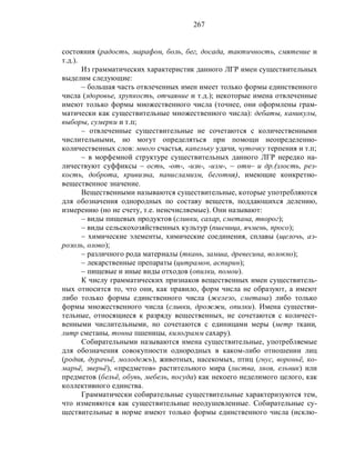 267
состояния (радость, марафон, боль, бег, досада, тактичность, смятение и
т.д.).
Из грамматических характеристик данного ЛГР имен существительных
выделим следующие:
– большая часть отвлеченных имен имеет только формы единственного
числа (здоровье, хрупкость, отчаяние и т.д.); некоторые имена отвлеченные
имеют только формы множественного числа (точнее, они оформлены грам-
матически как существительные множественного числа): дебаты, каникулы,
выборы, сумерки и т.п;
– отвлеченные существительные не сочетаются с количественными
числительными, но могут определяться при помощи неопределенно-
количественных слов: много счастья, капельку удачи, чуточку терпения и т.п;
– в морфемной структуре существительных данного ЛГР нередко на-
личествуют суффиксы – ость, -от-, -изн-, -изм-, – отн– и др.(злость, рез-
кость, доброта, кривизна, панисламизм, беготня), имеющие конкретно-
вещественное значение.
Вещественными называются существительные, которые употребляются
для обозначения однородных по составу веществ, поддающихся делению,
измерению (но не счету, т.е. неисчисляемые). Они называют:
– виды пищевых продуктов (сливки, сахар, сметана, творог);
– виды сельскохозяйственных культур (пшеница, ячмень, просо);
– химические элементы, химические соединения, сплавы (щелочь, аэ-
розоль, олово);
– различного рода материалы (ткань, замша, древесина, волокно);
– лекарственные препараты (цитрамон, аспирин);
– пищевые и иные виды отходов (опилки, помои).
К числу грамматических признаков вещественных имен существитель-
ных относится то, что они, как правило, форм числа не образуют, а имеют
либо только формы единственного числа (железо, сметана) либо только
формы множественного числа (сливки, дрожжи, опилки). Имена существи-
тельные, относящиеся к разряду вещественных, не сочетаются с количест-
венными числительными, но сочетаются с единицами меры (метр ткани,
литр сметаны, тонна пшеницы, килограмм сахару).
Собирательными называются имена существительные, употребляемые
для обозначения совокупности однородных в каком-либо 