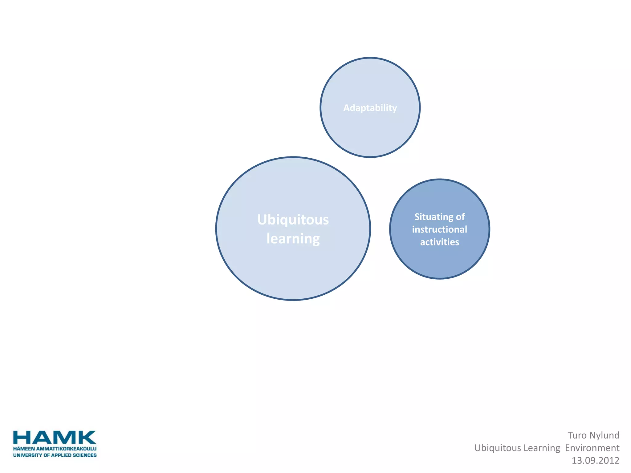 Adaptability




Ubiquitous                   Situating of
                            instructional
 learning                     activities




                                                                 Turo Nylund
                                            Ubiquitous Learning Environment
                                                                  13.09.2012
 