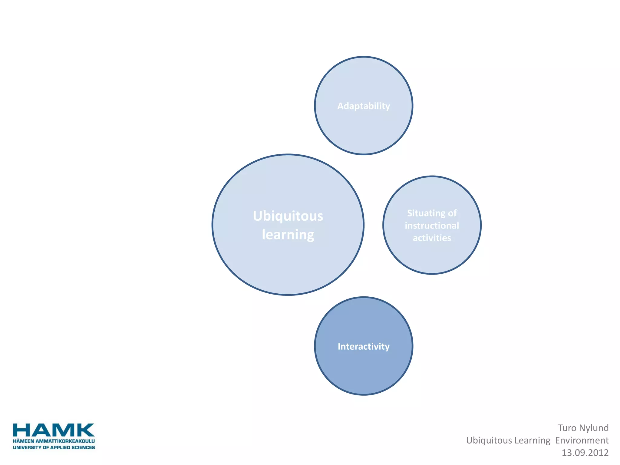 Adaptability




Ubiquitous                    Situating of
                             instructional
 learning                      activities




             Interactivity




                                                                  Turo Nylund
                                             Ubiquitous Learning Environment
                                                                   13.09.2012
 