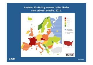 Andelen	
  15−16-­‐åriga	
  elever	
  i	
  olika	
  länder	
  
      som	
  prövat	
  cannabis.	
  2011.          	
  




                                                                 Källa: CAN
 