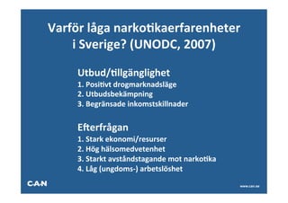 Varför	
  låga	
  narkoAkaerfarenheter	
  	
  
    i	
  Sverige?	
  (UNODC,	
  2007)                                	
  




            	
  Utbud/Allgänglighet	
  
            	
  1.	
  PosiAvt	
  drogmarknadsläge	
  
            	
  2.	
  Utbudsbekämpning	
  
            	
  3.	
  Begränsade	
  inkomstskillnader	
  
     	
  
     	
  


            	
  EQerfrågan	
  
            	
  1.	
  Stark	
  ekonomi/resurser	
  
            	
  2.	
  Hög	
  hälsomedvetenhet	
  
            	
  3.	
  Starkt	
  avståndstagande	
  mot	
  narkoAka	
  
            	
  4.	
  Låg	
  (ungdoms-­‐)	
  arbetslöshet	
  
                                                                            www.can.se
                                                                                         	
  	
  
 