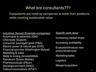 What are consultants??? Consultants are hired by companies to solve their problems while creating sustainable value Industries Served (Example companies) Automobile & assembly (GM) Chemicals (Dupont) Consumer packaged good (P&G) Electric power & natural gas (DTE) Financial services (Washington Mutual) Marketing & sales Metal & mining (ArcelorMittal) Petroleum (Exxon Mobile) Pharmaceuticals (Pfizer) Social/government (WHO) Telecommunications (AT&T) Specific work done Increasing market share Increasing profitability Evaluate/introduce new products/services Marketing/sales Logistics Merger/acquisition 
