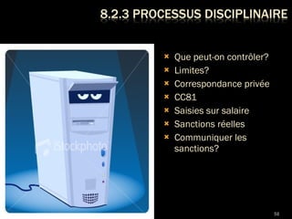 Que peut-on contrôler? Limites? Correspondance privée CC81 Saisies sur salaire Sanctions réelles  Communiquer les sanctions? 