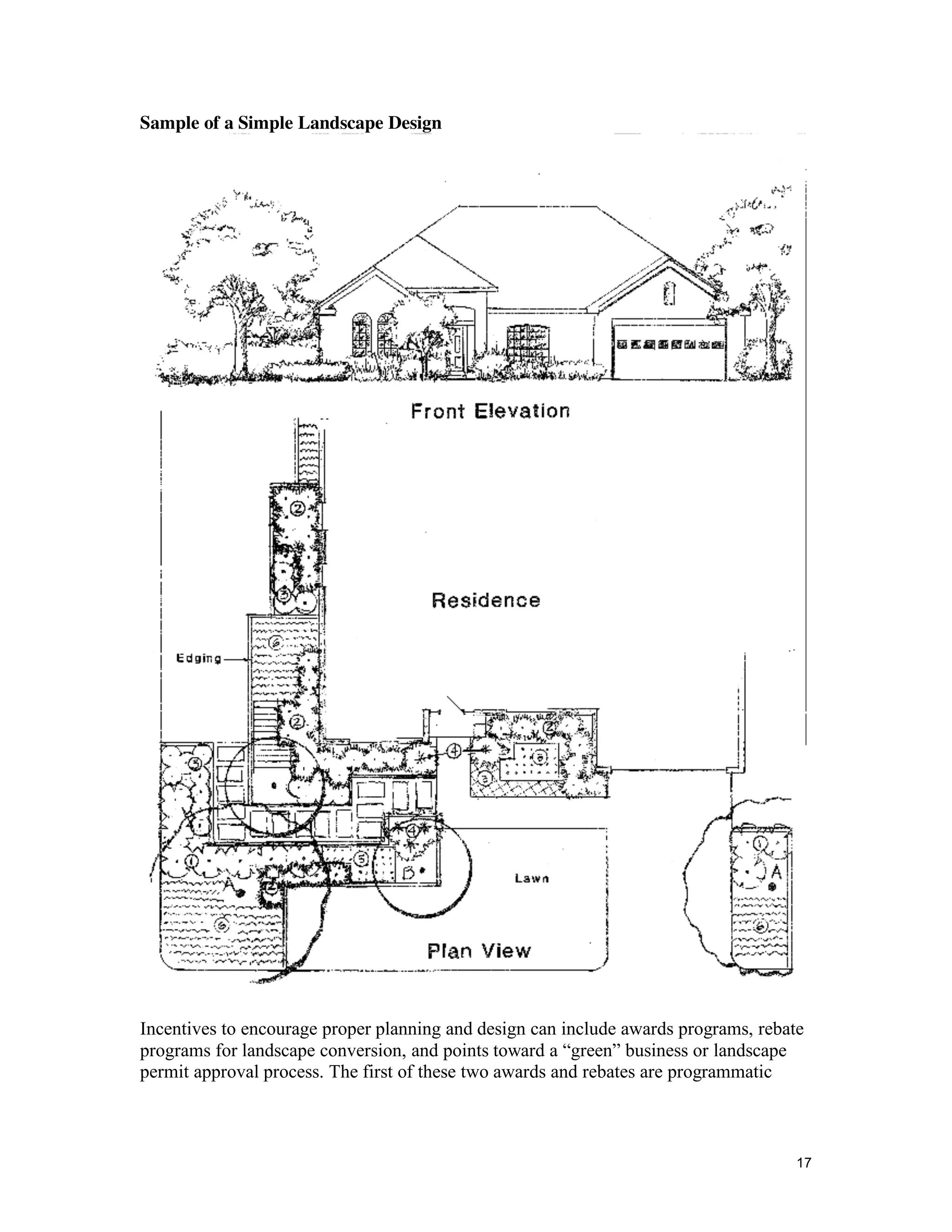 Sample of a Simple Landscape Design




Incentives to encourage proper planning and design can include awards programs, rebate
programs for landscape conversion, and points toward a “green” business or landscape
permit approval process. The first of these two awards and rebates are programmatic



                                                                                     17
 