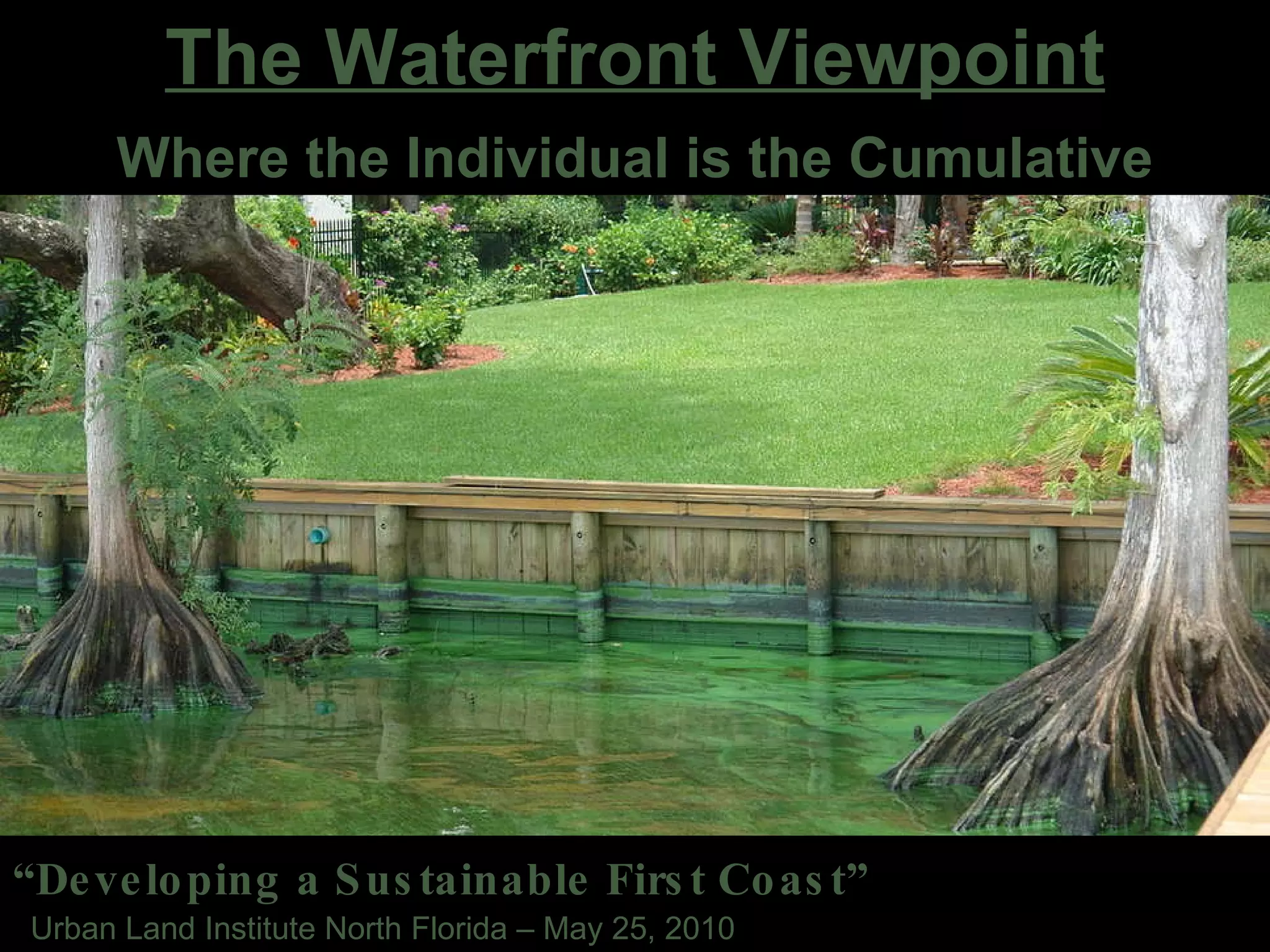 “ Developing a Sustainable First Coast” Urban Land Institute North Florida – May 25, 2010 The Waterfront Viewpoint Where the Individual is the Cumulative