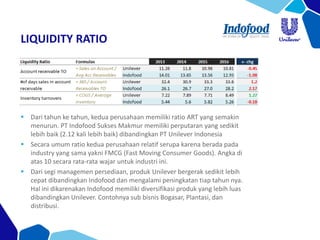 LIQUIDITY RATIO
 Dari tahun ke tahun, kedua perusahaan memiliki ratio ART yang semakin
menurun. PT Indofood Sukses Makmur memiliki perputaran yang sedikit
lebih baik (2.12 kali lebih baik) dibandingkan PT Unilever Indonesia
 Secara umum ratio kedua perusahaan relatif serupa karena berada pada
industry yang sama yakni FMCG (Fast Moving Consumer Goods). Angka di
atas 10 secara rata-rata wajar untuk industri ini.
 Dari segi managemen persediaan, produk Unilever bergerak sedikit lebih
cepat dibandingkan Indofood dan mengalami peningkatan tiap tahun nya.
Hal ini dikarenakan Indofood memiliki diversifikasi produk yang lebih luas
dibandingkan Unilever. Contohnya sub bisnis Bogasar, Plantasi, dan
distribusi.
 