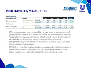 PROFITABILITY/MARKET TEST
 EPS merupakan rasio yang menunjukkan berapa besar keuntungan(return)
yang diperoleh investor atau pemegang saham per lembar saham. Beberapa
hal yang bisa mempengaruhi nilainya adalah jumlah saham dan laba bersih.
Karena di kedua perusahaan jumlah sahamnya tidak mengalami
perubahanan, EPS untuk Unilever Indonesia dan Indofood Sukses Makmur
dipengaruhi dari fluktuasi laba.
 EPS Unilever relatif meningkar stabil sementara untuk Indofood mengalami
penurunan di tahun 2015 dikarenakan laba bersih yang menurun akibat
beban biaya finance (rugi neto atas selisih tukar mata uang asing).
 