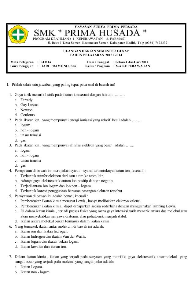 Soal kimia kelas x semester 2 dan pembahasannya