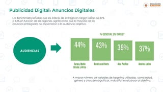 AUDIENCIAS
Los Benchmarks señalan que los índices de entrega en-target varían de 37%
a 44% en función de las regiones, significando que la mayoría de los
anuncios entregados no impactaron a la audiencia objetivo.
Publicidad Digital: Anuncios Digitales
A mayor número de variables de targeting utilizadas, como edad,
género y otros demográficos, más difícil es alcanzar al objetivo.
AUDIENCIAS
 