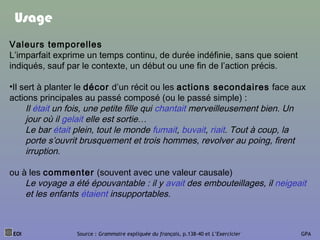 Usage
Valeurs temporelles
L’imparfait exprime un temps continu, de durée indéfinie, sans que soient
indiqués, sauf par le contexte, un début ou une fin de l’action précis.
•Il sert à planter le décor d’un récit ou les actions secondaires face aux
actions principales au passé composé (ou le passé simple) :
Il était un fois, une petite fille qui chantait merveilleusement bien. Un
jour où il gelait elle est sortie…
Le bar était plein, tout le monde fumait, buvait, riait. Tout à coup, la
porte s’ouvrit brusquement et trois hommes, revolver au poing, firent
irruption.
ou à les commenter (souvent avec une valeur causale)
Le voyage a été épouvantable : il y avait des embouteillages, il neigeait
et les enfants étaient insupportables.
EOI Source : Grammaire expliquée du français, p.138-40 et L’Exercicier GPA
 