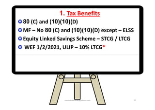 1. Tax Benefits
80 (C) and (10)(10)(D)
MF – No 80 (C) and (10)(10)(D) except – ELSS
Equity Linked Savings Scheme – STCG / LTCG
WEF 1/2/2021, ULIP – 10% LTCG*
rravindrakumar@yahoo.com 37
 