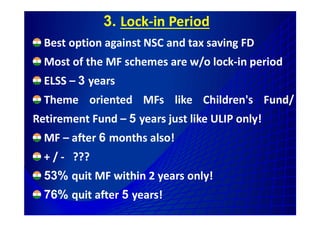 3. Lock-in Period
Best option against NSC and tax saving FD
Most of the MF schemes are w/o lock-in period
ELSS – 3 years
Theme oriented MFs like Children's Fund/
Retirement Fund – 5 years just like ULIP only!
rravindrakumar@yahoo.com 40
Retirement Fund – 5 years just like ULIP only!
MF – after 6 months also!
+ / - ???
53% quit MF within 2 years only!
76% quit after 5 years!
 
