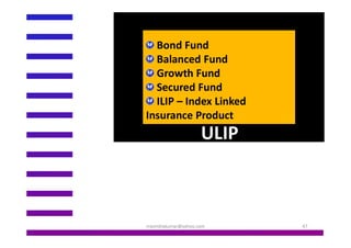 ULIP
Bond Fund
Balanced Fund
Growth Fund
Secured Fund
ILIP – Index Linked
Insurance Product
rravindrakumar@yahoo.com 47
ULIP
 