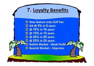 7. Loyalty Benefits
New feature only ULIP has
GA @ 5% in 5 years
@ 10% in 10 years
@ 15% in 15 years
rravindrakumar@yahoo.com 49
@ 15% in 15 years
@ 20% in 20 years
@ 25% in 25 years.
Bullish Market – Book Profit
Bearish Market – Stop-loss
 