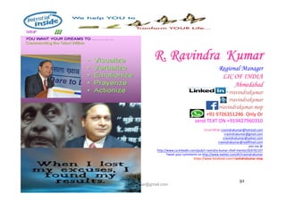 R.
R. Ravindra
Ravindra Kumar
Kumar
Regional Manager
LIC OF INDIA
Ahmedabad
rravindrakumar
rravindrakumar
92
rravindrakumar
rravindrakumar.mop
+91 9726351246 Only Or
send TEXT ON +919427960310
Email ME@ rravindrakumar@hotmail.com
rravindrakumar@gmail.com
rravindrakumar@yahoo.com
rravindrakumar@rediffmail.com
Join me @
http://www.ca.linkedin.com/pub/r-ravindra-kumar-chief-mentor/0/670/107
Tweet your comments on http://www.twitter.com/#!/rravindrakumar
https://www.facebook.com/rravindrakumar.mop
rravindrakumar@gmail.com
 