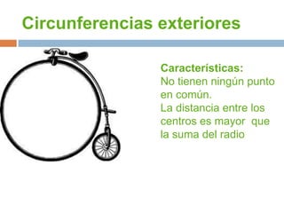 Circunferencias exteriores

                Características:
                No tienen ningún punto
                en común.
                La distancia entre los
                centros es mayor que
                la suma del radio
 