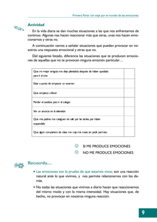 Primera Parte: Un viaje por el mundo de las emociones


Actividad
   En la vida diaria se dan muchas situaciones a las que nos enfrentamos de
continuo. Algunas nos hacen reaccionar más que otras, unas nos hacen emo-
cionarnos y otras no.
   A continuación vamos a señalar situaciones que pueden provocar en no-
sotros una respuesta emocional y otras que no.
   Del siguiente listado, diferencia las situaciones que te producen emocio-
nes de aquellas que no te provocan ninguna emoción particular…


   Que mi mejor amigo/a me deje plantado/a después de haber quedado
   para ir al cine

   Estar a punto de empezar un examen


   Que empiece a llover


   Perder el autobús para ir al colegio


   Ver un anuncio en la televisión

   Que mis padres me castiguen sin salir por las tardes por haber
   suspendido

   Que algún compañero de clase me coja mis cosas sin pedir permiso



                                           ☺      SI ME PRODUCE EMOCIONES
                                                  NO ME PRODUCE EMOCIONES

Recuerda…
   • Las emociones son la prueba de que estamos vivos; son una reacción
     natural ante lo que vivimos, y nos permite relacionarnos con los de-
     más.
   • No todas las situaciones que vivimos a diario hacen que reaccionemos
     del mismo modo y con la misma intensidad. Hay situaciones que, de
     hecho, no provocan en nosotros ninguna reacción.



                                                                                                  9
 