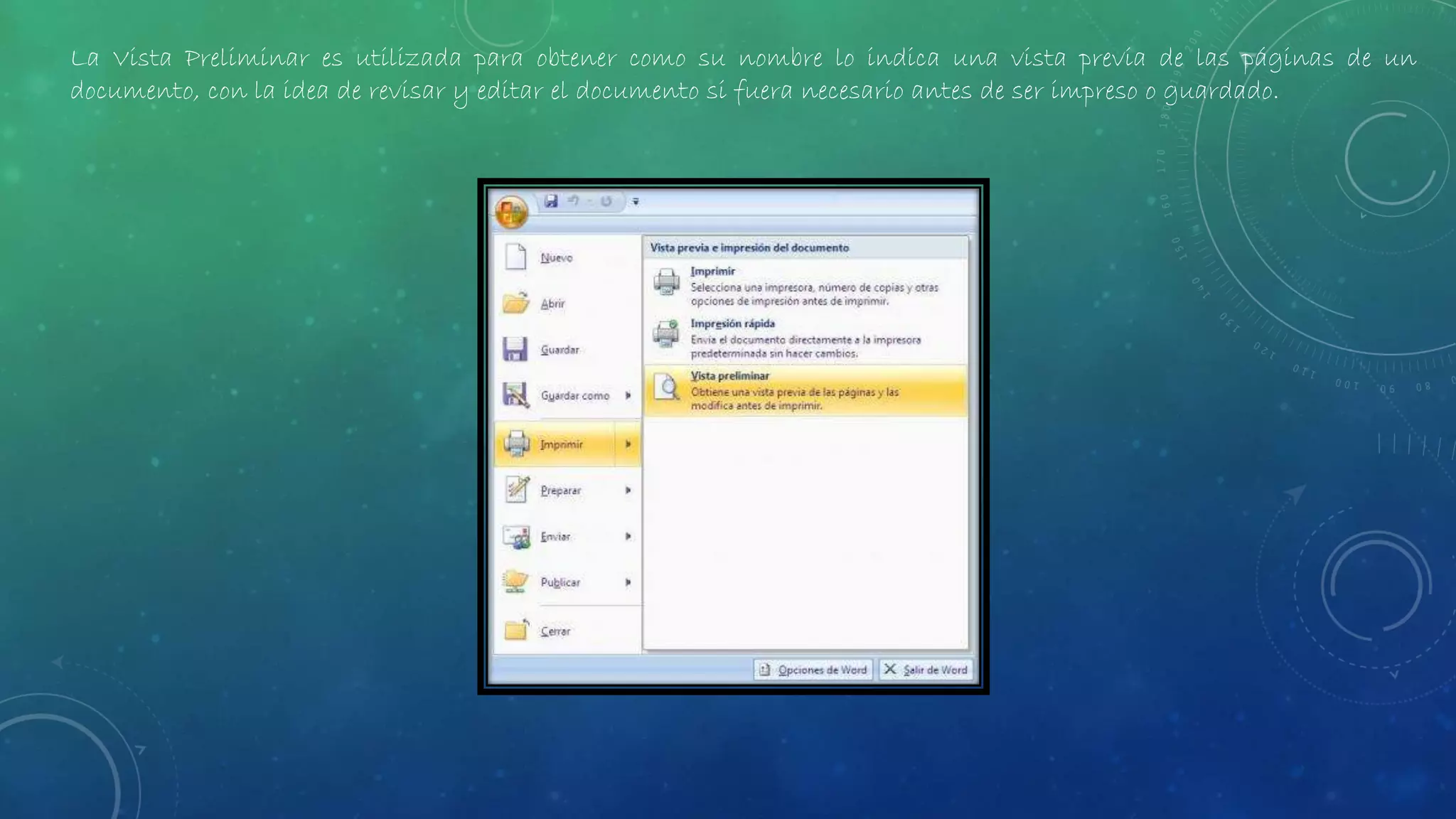 La Vista Preliminar es utilizada para obtener como su nombre lo indica una vista previa de las páginas de un
documento, con la idea de revisar y editar el documento si fuera necesario antes de ser impreso o guardado.
 