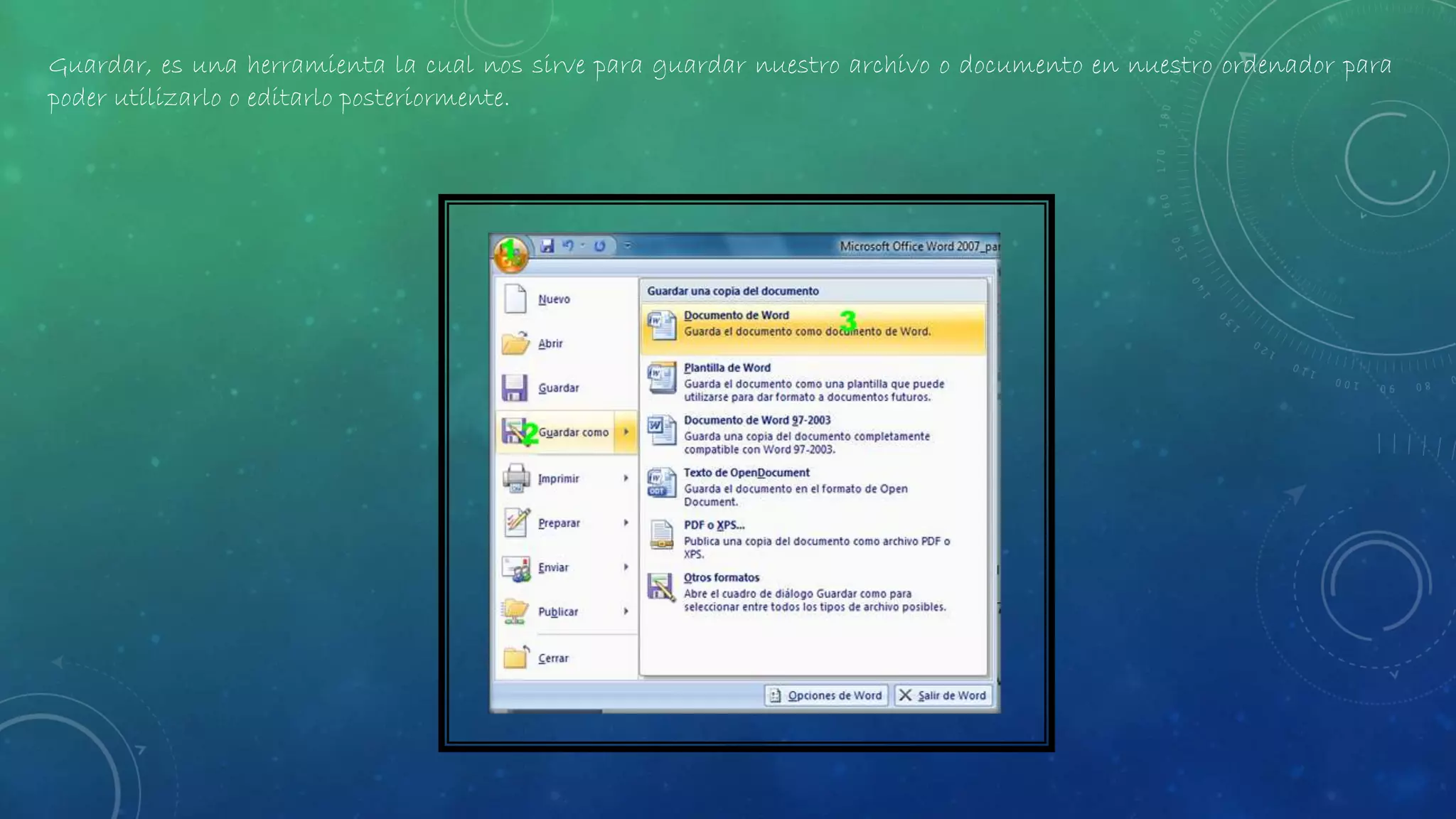 Guardar, es una herramienta la cual nos sirve para guardar nuestro archivo o documento en nuestro ordenador para
poder utilizarlo o editarlo posteriormente.
 