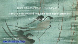 Ritiro di bioenergetica e mindfulness
Tornare a casa ovvero le qualità della mente originaria
15 - 17 Aprile 2016
©nicoletta cinotti
www.nicolettacinotti.net
 