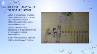ULISSE LANCIA LA
SFIDA AI PROCI
«SOLO CHI RIUSCIRÀ A TENDERE
L’ARCO DI ULISSE E A SCOCCARE
UNA FRECCIA CAPACE DI
ATTRAVERSARE DODICI ANELLI,
SPOSERÀ PENELOPE.
ULISSE, TRAVESTITO DA
MENDICANTE, CHIEDE DI PROVARE
E, OVVIAMENTE, RIESCE
NELL’IMPRESA.
TUTTI I PROCI RESTANO A BOCCA
APERTA E ORA HANNO PAURA».
 