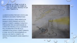 ANCHE IO COME ULISSE A
VOLTE MI SENTO COME SU
UNA ZATTERA TRAVOLTA DA
UNA TEMPESTA
«LUNEDÌ SCORSO PER ME È STATA UNA
GIORNATA DAVVERO TEMPESTOSA!
DOPO LA SCUOLA, SONO ANDATA DA
NONNA E DOPO PRANZO HO FATTO
SUBITO I COMPITI. MAMMA È VENUTA A
PRENDERMI PER ACCOMPAGNARE DI
CORSA MIO FRATELLO ALLA LEZIONE DI
PALLACANESTRO E POI ME ALLA
LEZIONE DI PALLAVOLO. SONO TORNATA
A CASA, HO FATTO VELOCEMENTE LA
DOCCIA, HO FINITO I COMPITI, HO
CENATO E FINALMENTE SONO ANDATA A
LETTO».
 