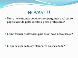 PERCEPÇÃO SOBRE AS TIC’S NA ESCOLA.Inicialmente vista como modismo e pouco interativa.Gradualmente visto como diferencial no ensino o computador e a internet foram ganhando espaço através de suas vantagens, como acesso a banco de dados imensos e facilidade de uso.Com a vinda de periféricos e novos software a informática foi mais requerida pelos alunos e professores.