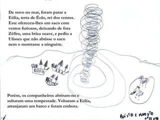 De novo no mar, foram parar a
Eólia, terra de Éolo, rei dos ventos.
Este ofereceu-lhes um saco com
ventos furiosos, deixando de fora
Zéfiro, uma brisa suave, e pediu a
Ulisses que não abrisse o saco
nem o mostrasse a ninguém.




Porém, os companheiros abriram-no e
soltaram uma tempestade. Voltaram a Eólia,
arranjaram um barco e foram embora.
 