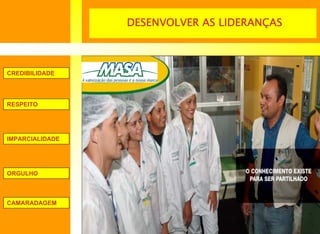 DESENVOLVER AS LIDERANÇAS



CREDIBILIDADE




RESPEITO




IMPARCIALIDADE




ORGULHO



CAMARADAGEM
 