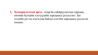 1. Хуваарилалтын арга: газар ба сайжруулалтын харьцаа,
өмчийн бүтцийн хэсгүүдийн харьцаанд үндэслэнэ. Зах
зээлийн үнэ нь мэдэгдэж байгаа хэсгийн харьцаанд үндэслэн
тооцно.
 