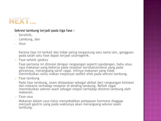 Sekresi lambung terjadi pada tiga fase :
o Serolitik,
o Lambung, dan
o Usus







Karena fase ini terkait dan tidak saling tergantung satu sama lain, gangguan
pada salah satu fase dapat terjadi ulcerogenik.
Fase sefalik (psikis)
Fase pertama ini dimulai dengan rangsangan seperti pandangan, bahu atau
rasa makanan yang bekerja pada reseptor kortikalcerebral yang pada
gilirannya, merangsang saraf vagal. Intinya makanan yang tidak
menimbulkan nafsu makan mepunyai sedikit efek pada sekresi lambung.
Fase lambung
Pada fase lambung, asam dilepaskan sebagai akibat dari rangsangan kimiawi
dan mekanis terhadap reseptor di dinding lambung. Reflek vagal
menimbulkan sekresi asam sebagai respon terhadap distensi lambung oleh
makanan.
Fase usus
Makanan dalam usus halus menyebabkan pelepasan hormone diaggap
menjadi gastrin yang pada waktunya akan merangsang sekresi asam
lambung.

 