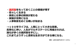 ・選択肢をもっておくことの価値が増す
・若々しく生きる
・家庭と仕事の関係が変わる
・実験が活発になる
・人事制度をめぐる戦いが始まる
→１００年ライフは、人類にとって大きな恩恵。
長寿化に伴い、人生がマルチステージに再編されれば、
誰もが多くの選択肢を手にし、
これまでよりずっと柔軟な生き方ができる様になる。
32
引用： LIFE SHIFT(ライフ・シフト)
 