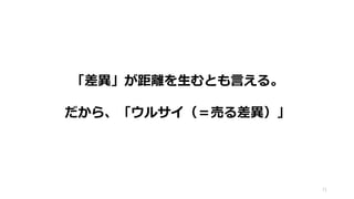 71
「差異」が距離を生むとも言える。
だから、「ウルサイ（＝売る差異）」
 