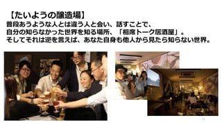 74
【たいようの醸造場】
普段あうような人とは違う人と会い、話すことで、
自分の知らなかった世界を知る場所、「相席トーク居酒屋」。
そしてそれは逆を言えば、あなた自身も他人から見たら知らない世界。
 