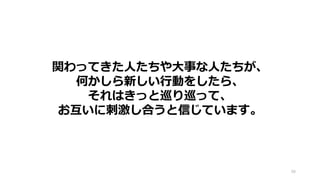 98
関わってきた人たちや大事な人たちが、
何かしら新しい行動をしたら、
それはきっと巡り巡って、
お互いに刺激し合うと信じています。
 