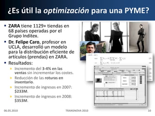 ¿Es útil la optimización para una PYME?ZARA tiene 1129+ tiendas en 68 países operadas por el Grupo Inditex.Dr. Felipe Caro, profesor en UCLA, desarrolló un modelo para la distribución eficiente de artículos (prendas) en ZARA.Resultados:Incremento del 3-4% en las ventas sin incrementar los costes.Reducción de las roturas en inventario.Incremento de ingresos en 2007: $233M.Incremento de ingresos en 2008: $353M.06.05.2010TRANSNOVA 201010