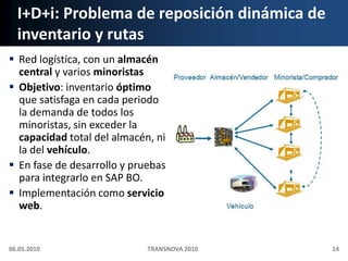 I+D+i: Problema de reposición dinámica de inventario y rutasRed logística, con un almacén central y varios minoristasObjetivo: inventario óptimo que satisfaga en cada periodo la demanda de todos los minoristas, sin exceder la capacidad total del almacén, ni la del vehículo.En fase de desarrollo y pruebas para integrarlo en SAP BO.Implementación como servicio web.06.05.2010TRANSNOVA 201014