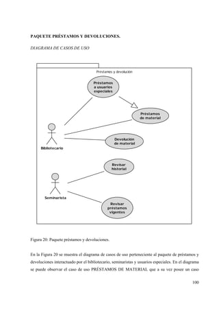 100
PAQUETE PRÉSTAMOS Y DEVOLUCIONES.
DIAGRAMA DE CASOS DE USO
Préstamos y devolución
Bibliotecario
Seminarista
Préstamos
de material
Devolución
de material
Préstamos
a usuarios
especiales
Revisar
historial
Revisar
préstamos
vigentes
Figura 20: Paquete préstamos y devoluciones.
En la Figura 20 se muestra el diagrama de casos de uso perteneciente al paquete de préstamos y
devoluciones interactuado por el bibliotecario, seminaristas y usuarios especiales. En el diagrama
se puede observar el caso de uso PRÉSTAMOS DE MATERIAL que a su vez posee un caso
 