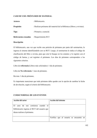 102
CASO DE USO: PRÉSTAMOS DE MATERIAL.
Actores : Bibliotecario.
Propósito : Realizar préstamo del material de la biblioteca (libros y revistas).
Tipo : Primario y esencial.
Referencias cruzadas : Requerimiento R13
Descripción :
El bibliotecario, una vez que recibe una petición de préstamo por parte del seminarista, lo
ingresa al sistema identificándolo con su RUT. Luego, el seminarista le indica el código de
clasificación del libro o revista, para que este lo busque en los estantes y lo registre con el
código de barras, y así registrar el préstamo. Los días de préstamo corresponden a los
siguientes criterios.
Libro de referencia (Libros más solicitados): 1 día de préstamo.
Libro de No referencia: 1 mes de préstamo.
Revista: 1 día de préstamo.
Es importante mencionar que todo préstamo debe quedar con la opción de cambiar la fecha
de devolución, según el criterio del bibliotecario.
CURSO NORMAL DE LOS EVENTOS
Acción del actor Acción del sistema
El caso de uso comienza cuando el
bibliotecario ingresa el RUT del usuario que
desea realizar el préstamo.
Verifica que el usuario se encuentre en
 
