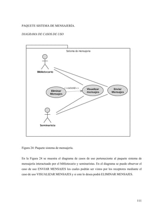 111
PAQUETE SISTEMA DE MENSAJERÍA.
DIAGRAMA DE CASOS DE USO
Sistema de mensajeria
Bibliotecario
Seminarista
Visualizar
mensajes
Enviar
MensajesEliminar
Mensajes
<<extend>>
Figura 24: Paquete sistema de mensajería.
En la Figura 24 se muestra el diagrama de casos de uso perteneciente al paquete sistema de
mensajería interactuado por el bibliotecario y seminaristas. En el diagrama se puede observar el
caso de uso ENVIAR MENSAJES los cuales podrán ser vistos por los receptores mediante el
caso de uso VISUALIZAR MENSAJES y si este lo desea podrá ELIMINAR MENSAJES.
 