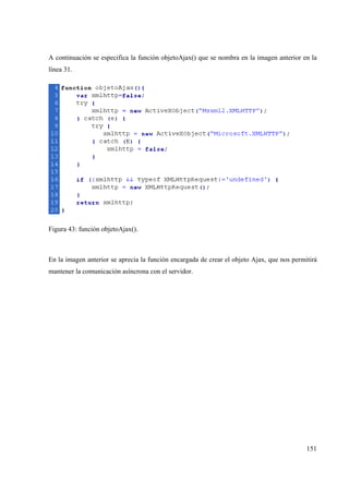 151
A continuación se especifica la función objetoAjax() que se nombra en la imagen anterior en la
línea 31.
Figura 43: función objetoAjax().
En la imagen anterior se aprecia la función encargada de crear el objeto Ajax, que nos permitirá
mantener la comunicación asíncrona con el servidor.
 